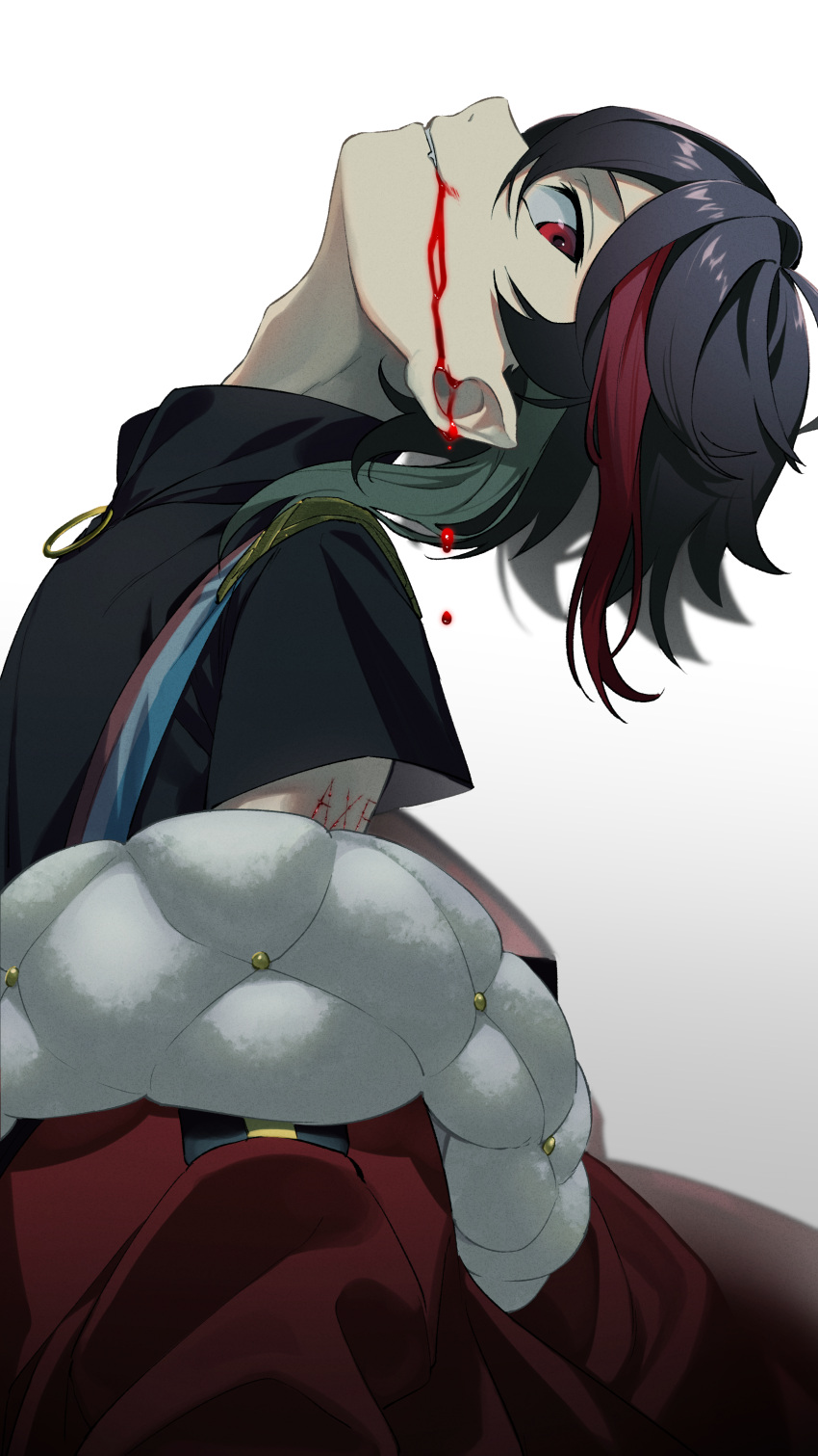 1boy absurdres adam's_apple black_hair bleeding blood blood_from_mouth blood_on_face dripping english_text fang gradient gradient_background grin highres injury jacket male_focus multicolored multicolored_hair nekokitsune0905 nijisanji o-ring off-shoulder_jacket off_shoulder parted_lips pointy_ears red_eyes red_jacket redhead saegusa_akina smile solo streaked_hair vampire virtual_youtuber