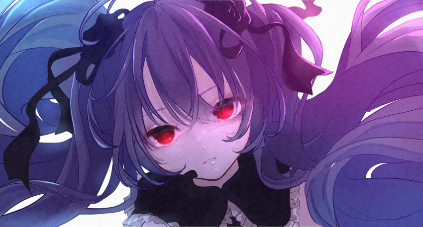 1girl black_dress black_ribbon blue_hair commentary dress floating_hair frilled_dress frills glowing glowing_eyes gradient_hair hair_ribbon hatsune_miku highres infinity_(module) katorea long_hair looking_afar multicolored_hair pale_skin parted_lips portrait project_diva_(series) purple_hair red_eyes ribbon solo symbol_commentary twintails very_long_hair vocaloid
