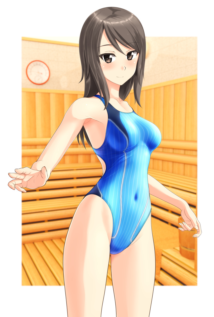 1girl absurdres bangs blue_swimsuit blurry breasts brown_eyes brown_hair commentary_request competition_swimsuit covered_navel cowboy_shot depth_of_field girls_und_panzer highres long_hair looking_at_viewer medium_breasts mika_(girls_und_panzer) one-piece_swimsuit sauna solo standing striped striped_swimsuit swimsuit takafumi