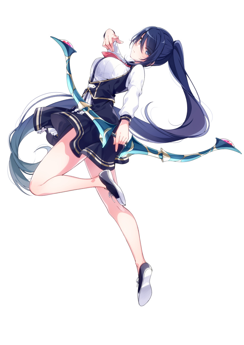 1girl aiba_mio bare_legs blue_eyes blue_hair bow_(weapon) expressionless eyebrows_visible_through_hair eyes_visible_through_hair full_body high_ponytail highres holding holding_bow_(weapon) holding_weapon leg_up long_hair long_sleeves looking_at_viewer miniskirt no_socks official_art omega_labyrinth_life shoes simple_background skirt sneakers solo u35 underbust very_long_hair weapon white_background