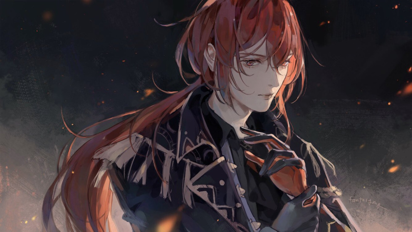 1boy black_gloves black_neckwear closed_mouth diluc_(genshin_impact) embers fantasymg genshin_impact gloves hair_between_eyes long_hair long_ponytail male_focus multicolored multicolored_clothes multicolored_gloves ponytail red_eyes red_gloves redhead signature solo upper_body