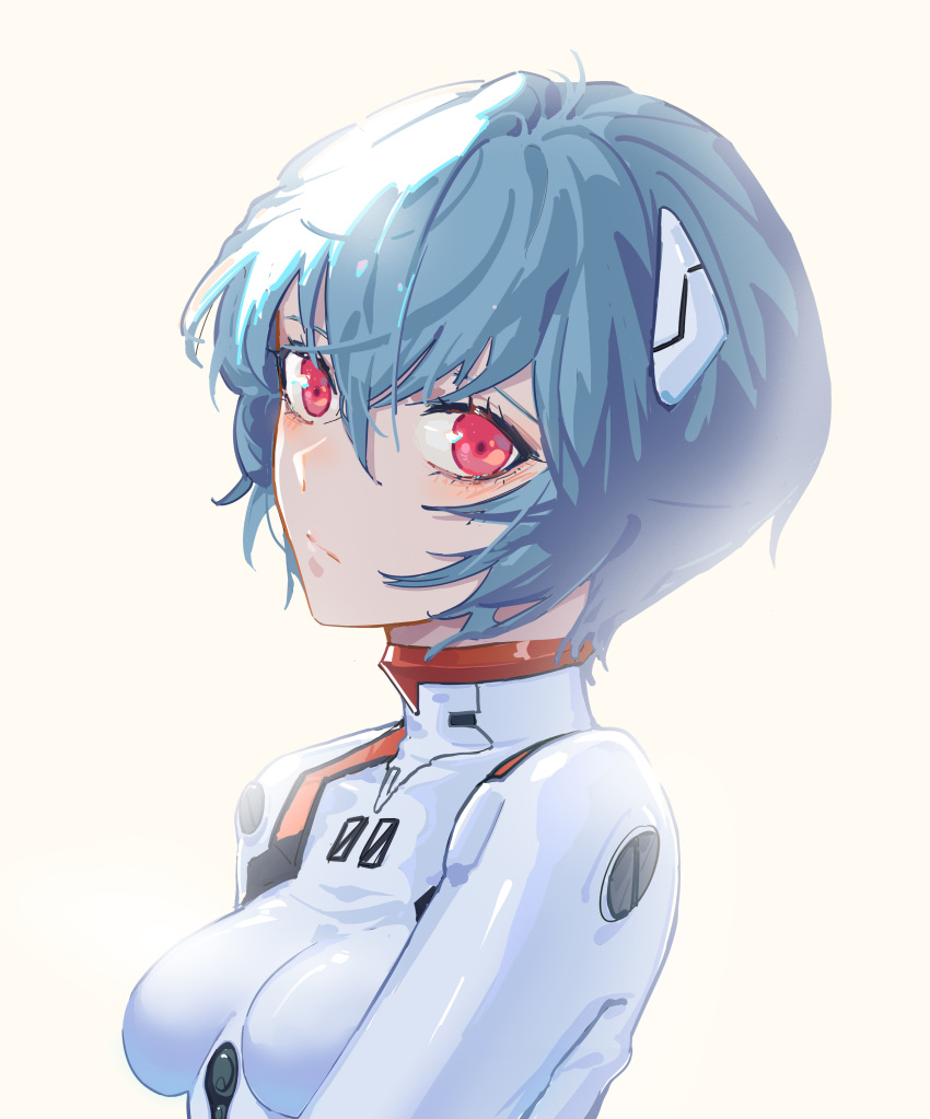 1girl absurdres ayanami_rei blue_hair blush bodysuit breasts eyebrows_visible_through_hair hairpods highres interface_headset looking_at_viewer neon_genesis_evangelion open_mouth orange_eyes piao_miao plugsuit red_eyes short_hair solo upper_body white_background white_bodysuit