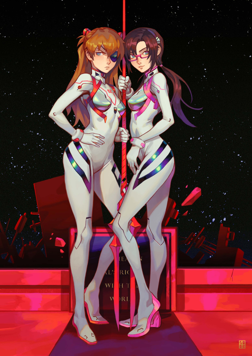 2girls absurdres alejandro_tio bodysuit brown_hair evangelion:_3.0+1.0_thrice_upon_a_time eyepatch glasses highres lance_of_longinus long_hair looking_at_viewer makinami_mari_illustrious multiple_girls neon_genesis_evangelion plugsuit pout rebuild_of_evangelion smile souryuu_asuka_langley space standing star_(sky) tiptoes twintails white_bodysuit