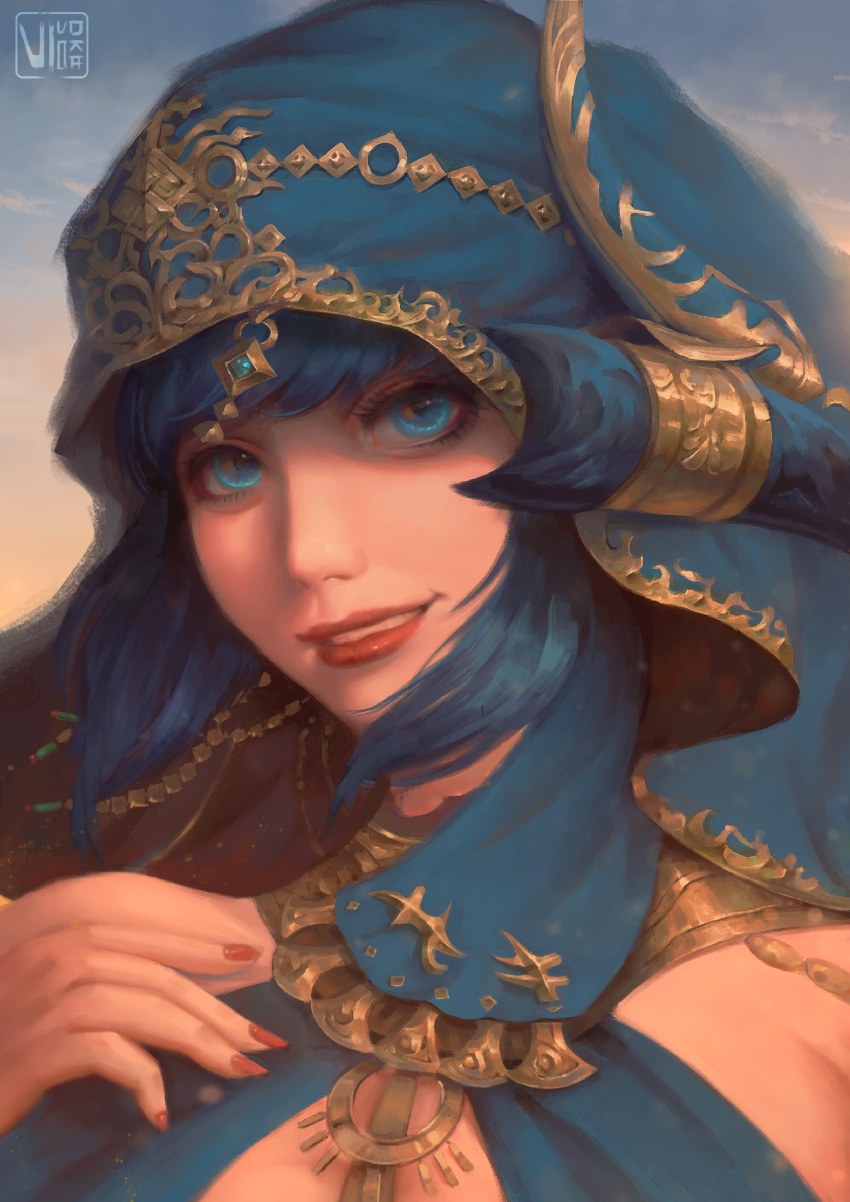1girl absurdres au_ra blue_eyes blue_hair commission emain_(honkittyhonk) english_commentary final_fantasy final_fantasy_xiv hand_up highres looking_at_viewer parted_lips red_nails smile solo upper_body vivodka