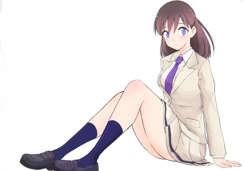 1girl arm_support bangs black_footwear blazer blue_legwear blush breasts brown_hair closed_mouth collared_shirt from_side full_body hair_between_eyes highres imae_megumi jacket kajino_(aosansai) kneehighs knees_up long_hair long_sleeves looking_at_viewer medium_breasts necktie pleated_skirt purple_neckwear school_uniform shirt shoes sitting skirt smile solo violet_eyes watashi_ga_motenai_no_wa_dou_kangaetemo_omaera_ga_warui! white_shirt yellow_jacket yellow_skirt