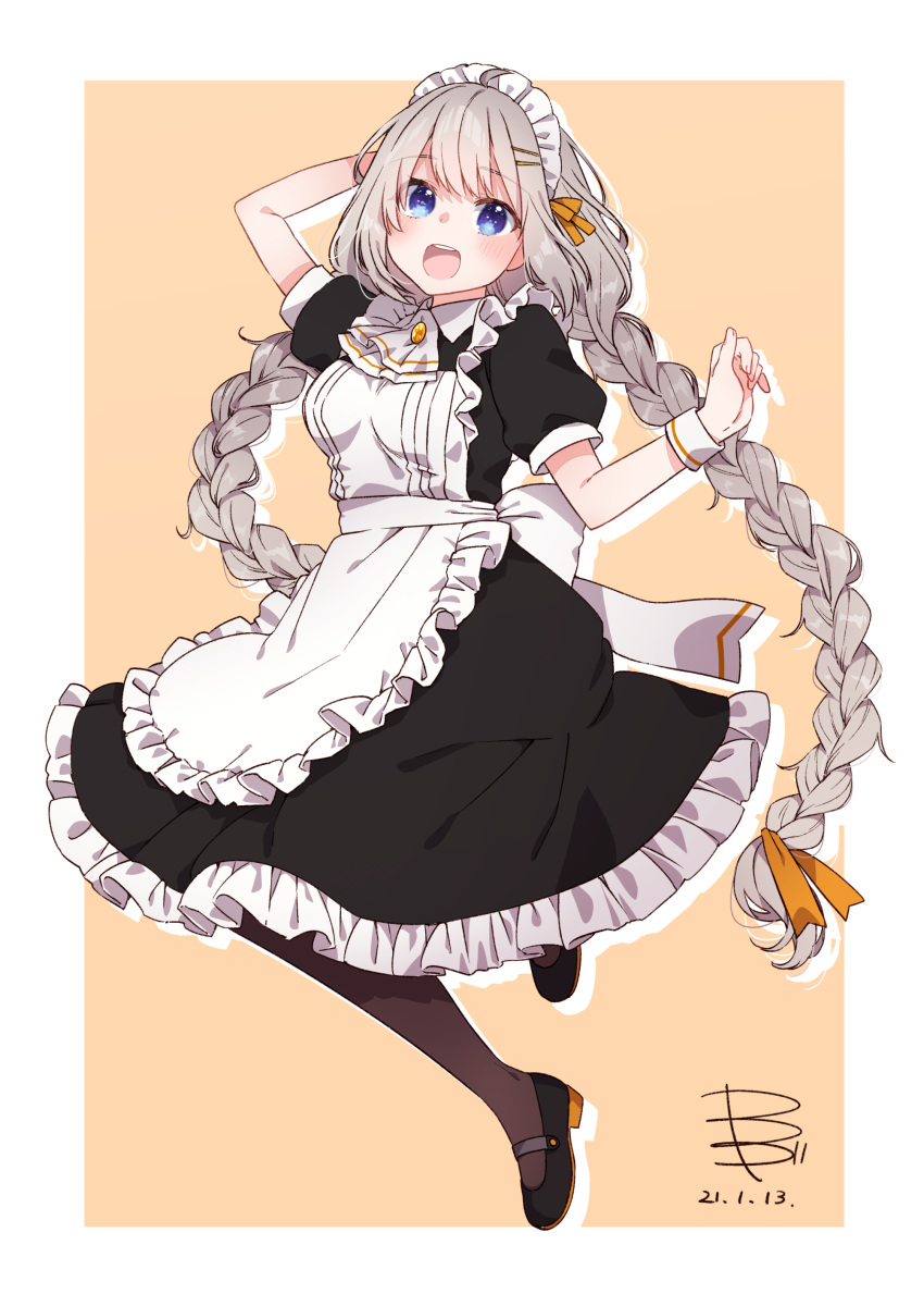 1girl absurdres apron arm_behind_head arm_up black_dress blue_eyes braid commentary dated dress frilled_apron frilled_dress frills full_body grey_hair hair_ornament hair_tie hairclip highres kizuna_akari long_hair looking_at_viewer maid maid_apron maid_headdress open_mouth orange_background pantyhose signature skskjogio2444 smile solo twin_braids very_long_hair voiceroid