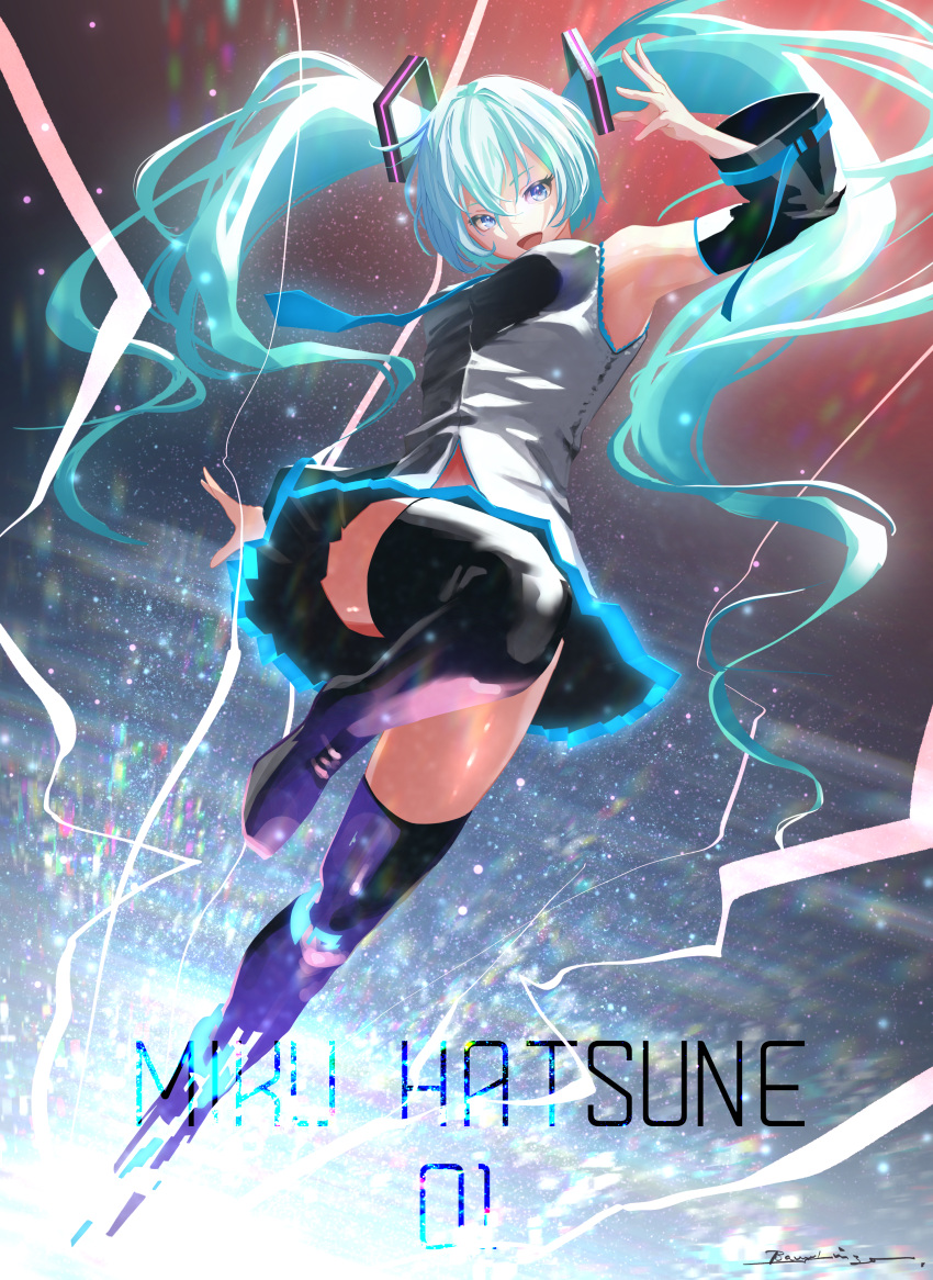 1girl absurdres aqua_eyes aqua_hair arm_up armpits bani-lizo bare_shoulders black_legwear black_skirt black_sleeves blue_neckwear character_name commentary detached_sleeves floating_hair glowing grey_shirt hair_ornament hatsune_miku highres huge_filesize leg_up long_hair looking_at_viewer miniskirt necktie open_mouth pleated_skirt refraction shirt skirt sleeveless sleeveless_shirt smile solo standing standing_on_one_leg thigh-highs twintails twisted_torso very_long_hair vocaloid zettai_ryouiki