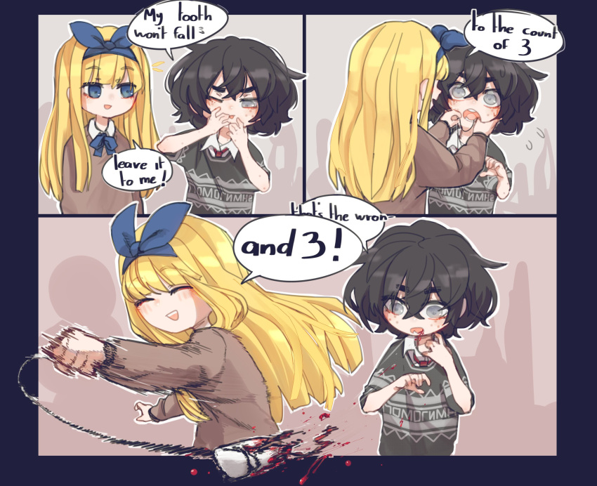2girls :d black_hair blind blind_girl_(popopoka) blonde_hair blood blue_border blue_bow blue_eyes blue_neckwear blue_ribbon blush border bow bow_hairband brown_sweater bully_girl_(popopoka) commentary english_commentary english_text finger_in_another's_mouth flying_sweatdrops freckles grey_eyes grey_sweater hair_bow hairband highres long_hair long_sleeves medium_hair motion_blur multiple_girls neck_ribbon necktie notice_lines open_mouth original outside_border popopoka red_neckwear ribbon school_uniform smile spoken_flying_sweatdrops string sweater tooth tooth_pulling wide-eyed wide_sleeves