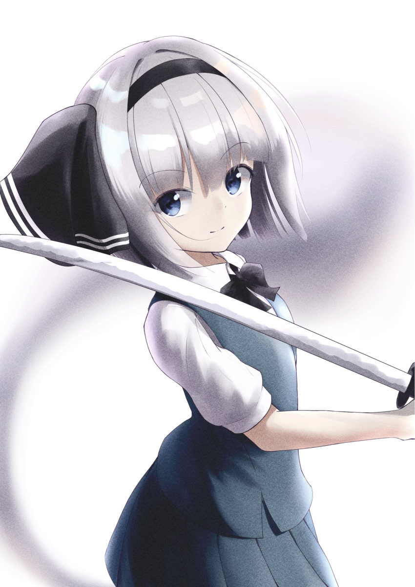 1girl bangs black_neckwear blue_eyes blunt_bangs bob_cut bow bowtie commentary_request cowboy_shot eyebrows_visible_through_hair from_side green_skirt green_vest hair_ribbon highres katana konpaku_youmu konpaku_youmu_(ghost) looking_at_viewer over_shoulder partial_commentary pleated_skirt resa_7z_(resastr) ribbon shirt short_hair short_sleeves silver_hair simple_background skirt smile solo standing sword sword_over_shoulder touhou vest weapon weapon_over_shoulder white_background white_shirt