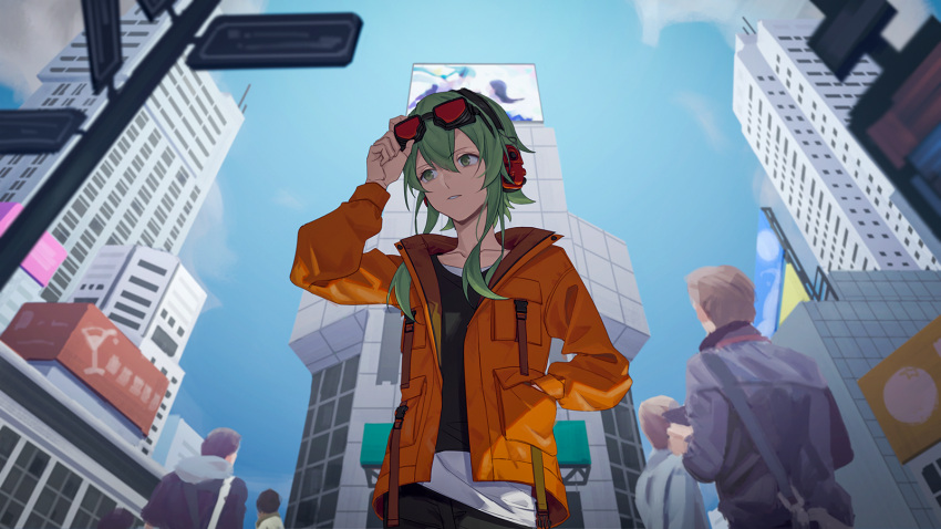 1girl adjusting_goggles backlighting billboard black_shirt blue_sky building city day from_below goggles goggles_on_head green_eyes green_hair gumi hand_in_pocket headphones highres jacket orange_jacket parted_lips project_sekai red_goggles road shirt short_hair_with_long_locks sidelocks sky skyscraper street upper_body vocaloid white_shirt wounds404