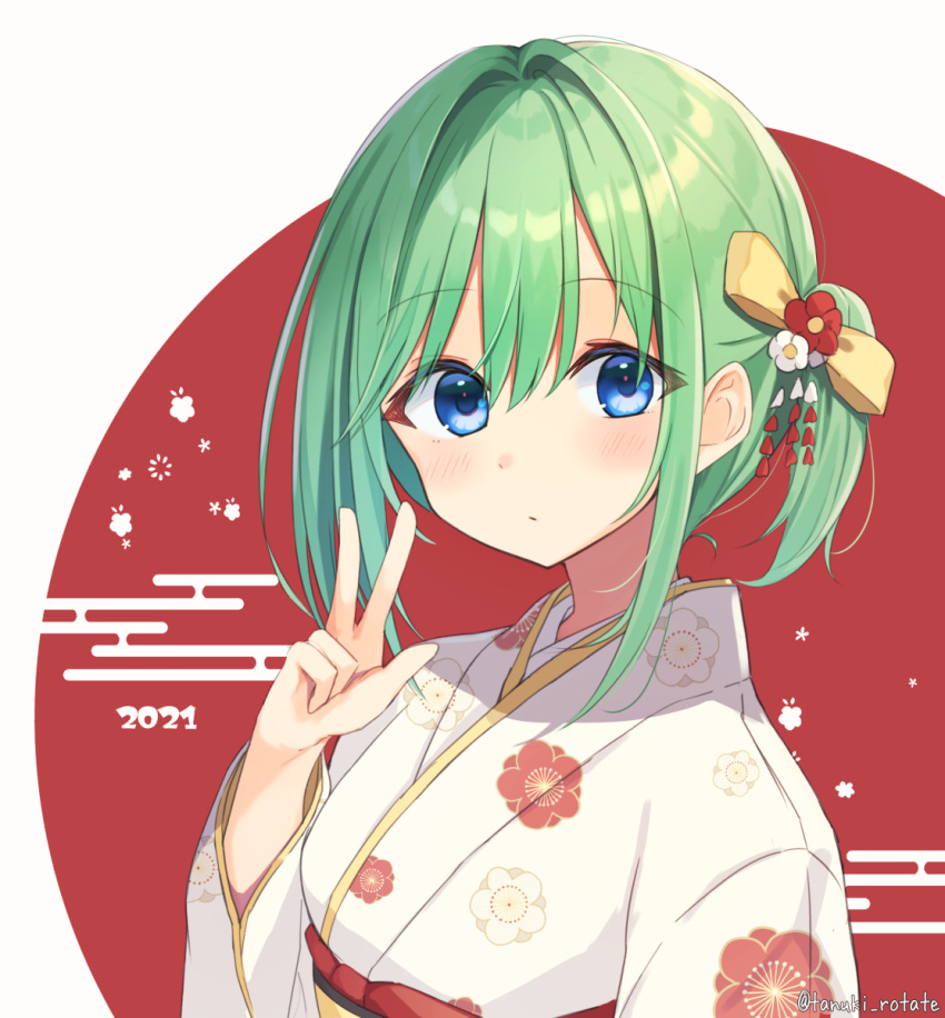 1girl 2021 bangs blue_eyes blush bow closed_mouth commentary_request egasumi eyebrows_visible_through_hair floral_print flower green_hair hair_between_eyes hair_bow hair_flower hair_intakes hair_ornament hand_up highres japanese_clothes kimono long_sleeves looking_at_viewer obi original ponytail print_kimono red_background red_flower sash shirai_tanuki sidelocks solo takeda_emi two-tone_background upper_body w white_background white_flower white_kimono wide_sleeves yellow_bow