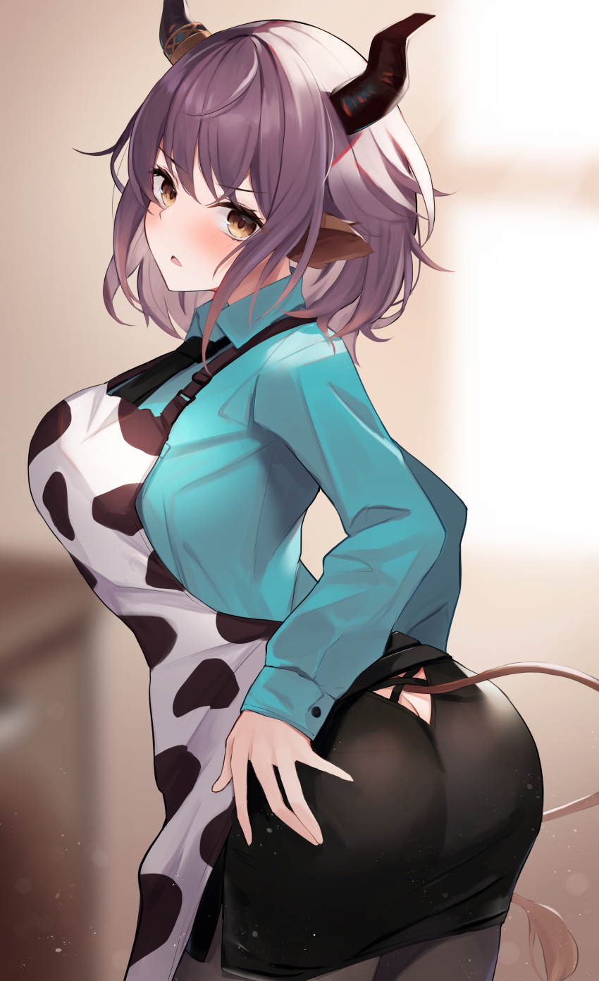 1girl absurdres animal_ears animal_print apron aqua_shirt arknights ass bangs black_legwear blush breasts brown_eyes butt_crack clothing_cutout collared_shirt cow_ears cow_girl cow_horns cow_print cow_tail eyebrows_visible_through_hair from_behind hand_on_hip highres horns large_breasts leaning_forward long_sleeves looking_at_viewer looking_back miniskirt mizu_(lzzrwi603) pantyhose print_apron purple_hair shirt side_slit sideroca_(arknights) skirt solo tail tail_cutout v-shaped_eyebrows