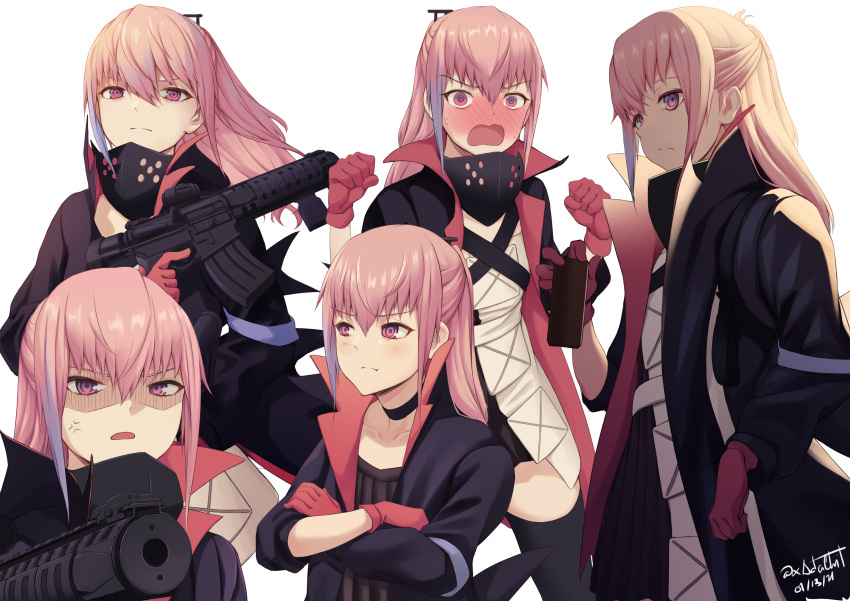 1girl absurdres act_(xadachit) anger_vein ar-15 bangs blush choker closed_mouth coat collarbone crossed_arms embarrassed girls_frontline gloves gun hair_between_eyes highres long_hair mod3_(girls_frontline) multicolored_hair multiple_persona open_mouth pink_eyes pink_hair ponytail pout rifle shaded_face sidelocks simple_background st_ar-15_(girls_frontline) streaked_hair weapon white_background