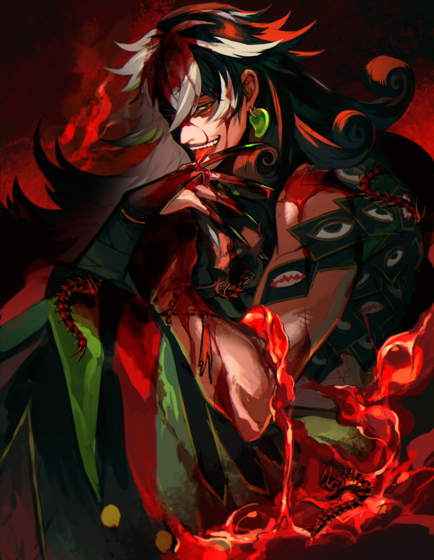 1boy absurdres alternate_costume ashiya_douman_(fate) asymmetrical_hair bell black_eyes black_hair black_sclera blood blood_from_mouth blood_on_face bloody_clothes bloody_hair bloody_hands bug centipede colored_sclera curly_hair earrings fate/grand_order fate_(series) finger_licking fingernails green_nails hair_bell hair_between_eyes hair_ornament highres injury jewelry licking long_hair looking_at_viewer magatama magatama_earrings male_focus mismatched_sclera multicolored_hair official_alternate_costume red_theme saida_(ohda_ooda) sharp_fingernails sitting solo toned toned_male tongue tongue_out two-tone_hair very_long_fingernails very_long_hair white_hair