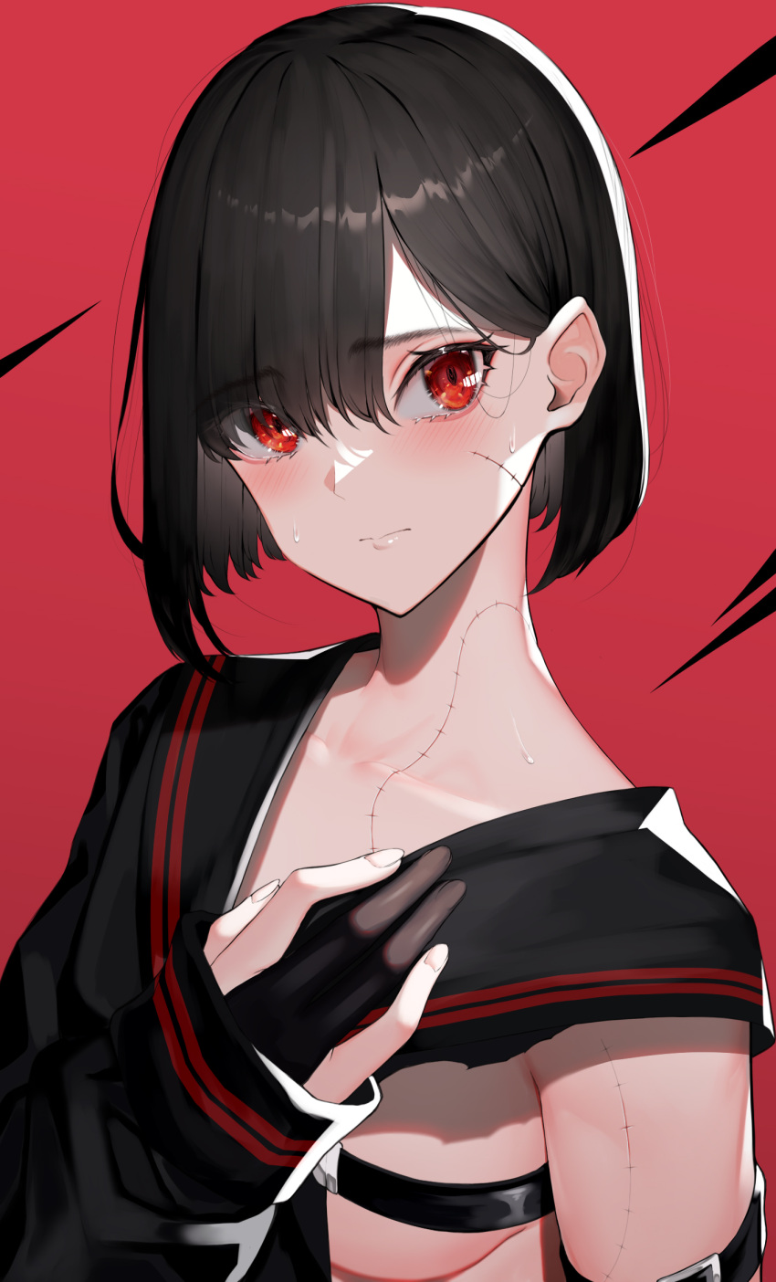 1girl asymmetrical_sleeves bangs banitya belt black_belt black_gloves black_hair black_sailor_collar black_serafuku black_shirt blush breasts closed_mouth detached_sleeves gloves hand_up highres long_sleeves looking_at_viewer original partially_fingerless_gloves pleated_skirt red_background red_eyes sailor_collar school_uniform serafuku shirt short_hair simple_background single_glove skirt sleeve_cuffs small_breasts solo stitches torn_clothes torn_shirt upper_body
