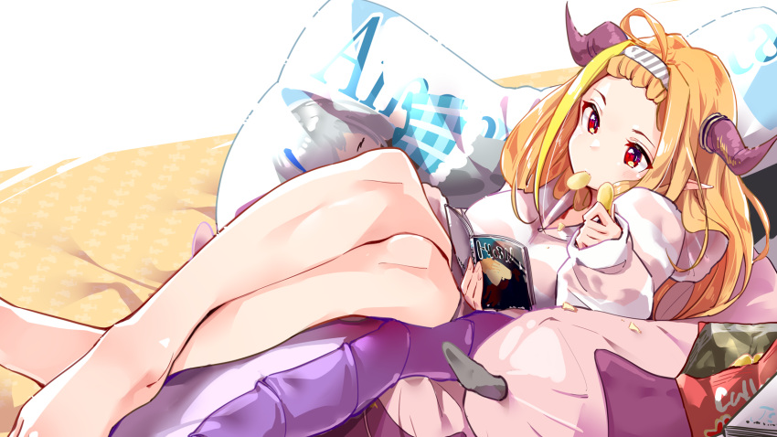 1girl ahoge alternate_hairstyle bangs bangs_pinned_back barefoot blonde_hair book breasts chair chips commentary_request crossed_ankles crumbs dakimakura_(object) dragon_girl dragon_horns dragon_tail eating eyebrows_visible_through_hair food hairband highres holding hololive horns kiryuu_coco large_breasts long_hair long_sleeves looking_at_object mouth_hold multicolored_hair orange_hair pillow pointy_ears potato_chips reading red_eyes simple_background sitting sleeves_past_wrists streaked_hair sweater tail virtual_youtuber white_sweater yuyaiyaui