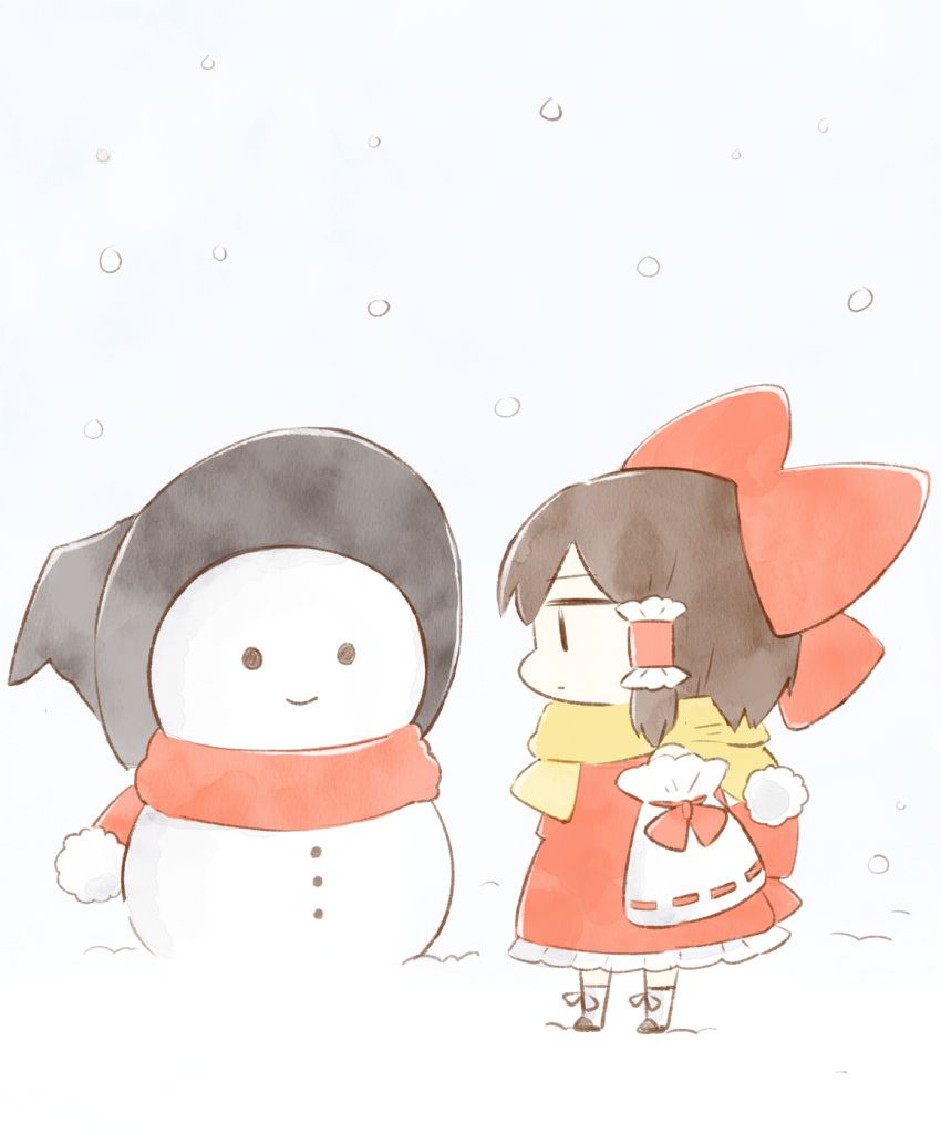 1girl black_scarf blue_background bow brown_hair chibi commentary cyu_ta detached_sleeves dress full_body hair_bow hair_tubes hakurei_reimu hat highres long_sleeves red_bow red_dress red_scarf scarf snow snowing snowman socks solo symbol_commentary touhou white_legwear wide_sleeves witch_hat