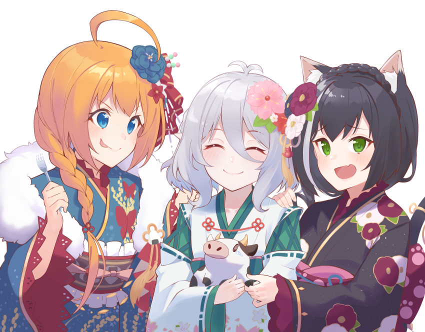 3girls :d ^_^ ahoge animal animal_ear_fluff animal_ears animal_hug bangs black_hair black_kimono blue_eyes blue_flower blue_kimono blush braid cat_ears chinese_zodiac closed_eyes closed_mouth commentary_request cow crown_braid eyebrows_visible_through_hair fang floral_print flower fork green_eyes hair_between_eyes hair_flower hair_ornament hair_over_shoulder highres holding holding_fork japanese_clothes karyl_(princess_connect!) kimono kokkoro_(princess_connect!) licking_lips long_hair long_sleeves multicolored_hair multiple_girls obi open_mouth orange_hair pecorine_(princess_connect!) pink_flower princess_connect! princess_connect!_re:dive print_kimono purple_flower sash shimon_(31426784) silver_hair simple_background smile streaked_hair tongue tongue_out v-shaped_eyebrows white_background white_flower white_hair white_kimono wide_sleeves year_of_the_ox