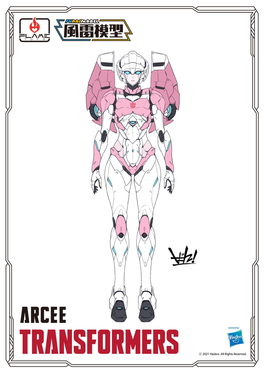 1girl alien arcee autobot ban!_(bansankan) breasts character_sheet commentary_request concept_art flame_toys full_body highres metal_skin official_art robot simple_background solo standing transformers white_background