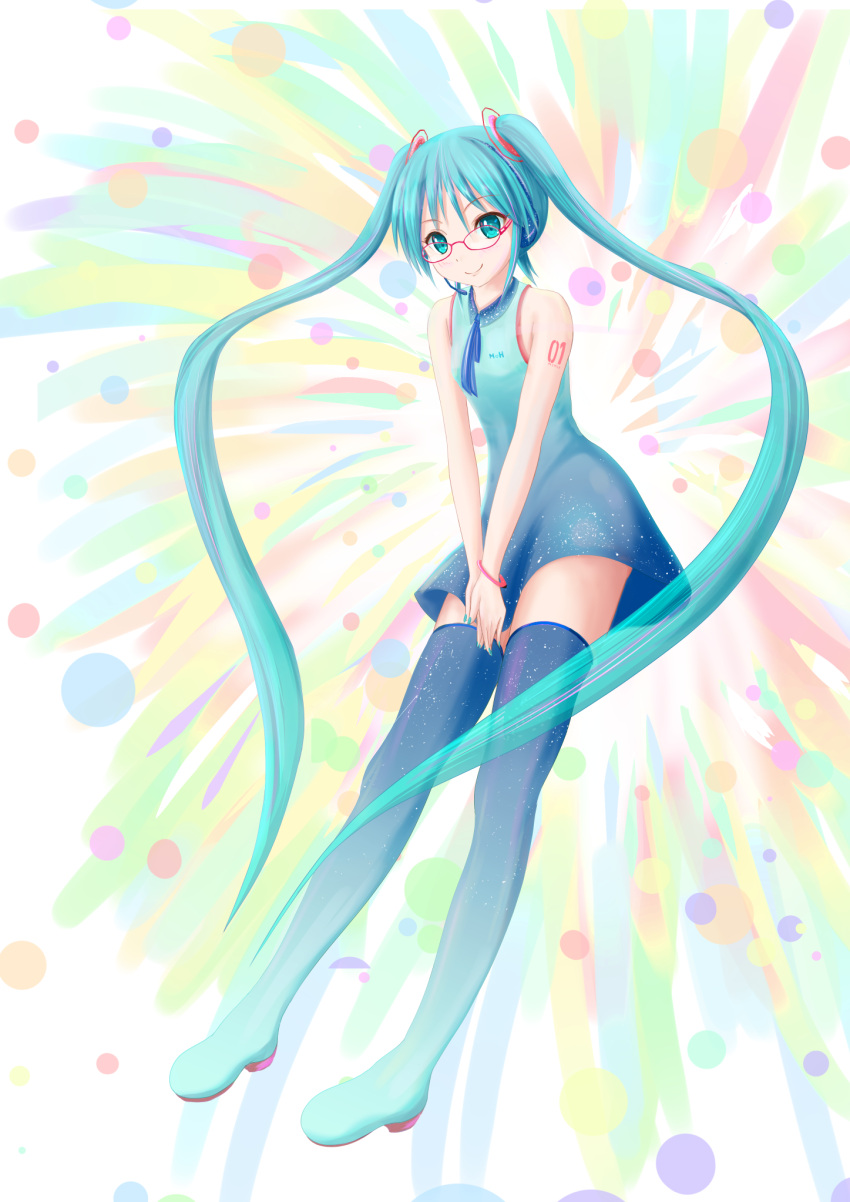 1girl aqua_dress aqua_eyes aqua_hair aqua_legwear aqua_nails bare_shoulders bespectacled between_legs blue_dress blue_legwear boots bracelet commentary dress full_body glasses gradient gradient_dress gradient_legwear hair_ornament hand_between_legs hatsune_miku highres jewelry long_hair looking_at_viewer multicolored multicolored_background nail_polish red-framed_eyewear shirt shoulder_tattoo sky_print sleeveless sleeveless_shirt solo tattoo teyo thigh-highs thigh_boots twintails very_long_hair vocaloid zettai_ryouiki