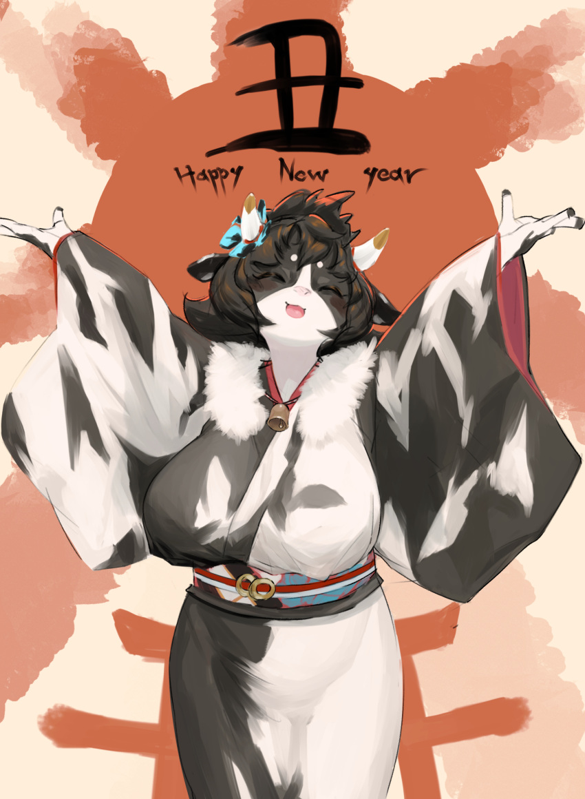 1girl ^_^ ^o^ ababababa animal_nose arms_up breasts chinese_zodiac closed_eyes commentary_request cow_girl facing_viewer furry happy_new_year highres horns japanese_clothes kimono large_breasts new_year obi open_mouth sash smile solo standing wide_sleeves year_of_the_ox yukata