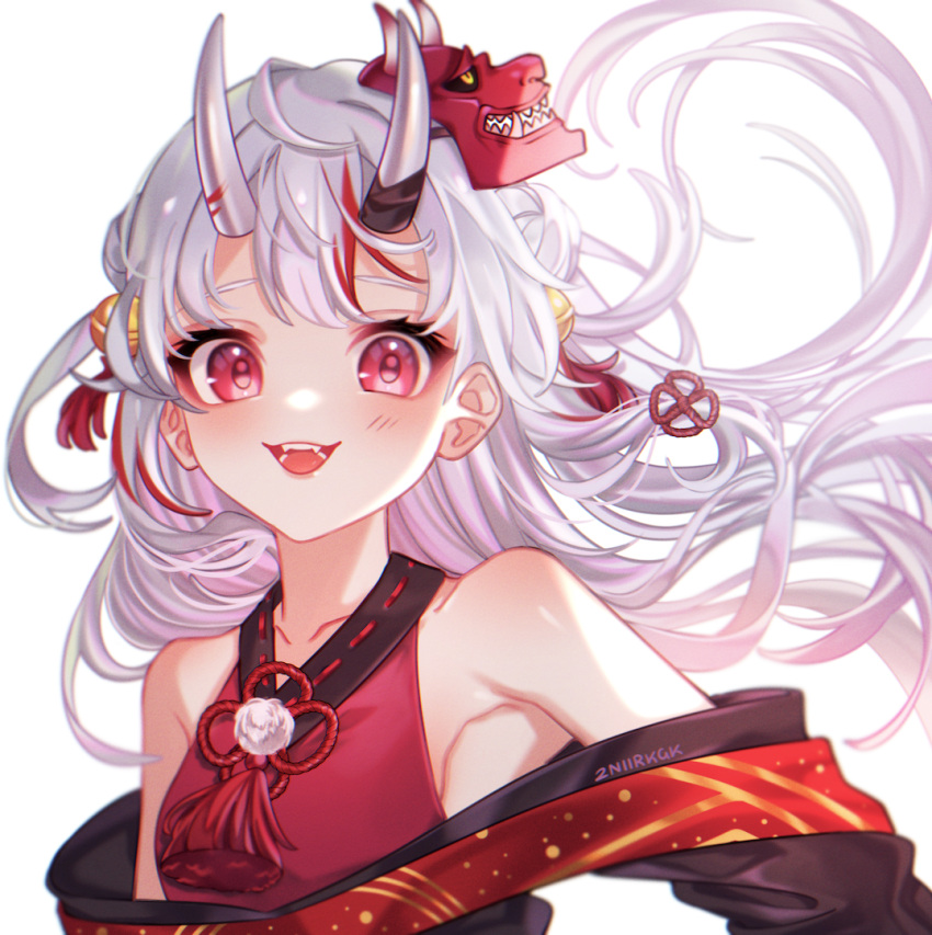 1girl :d artist_name bangs bare_shoulders breasts chromatic_aberration collarbone dress eyebrows_behind_hair fangs floating_hair hair_ornament hololive horns long_hair looking_at_viewer mask mask_on_head multicolored_hair nakiri_ayame nii_a_sleepy_knee off_shoulder oni oni_horns oni_mask open_mouth red_dress red_eyes red_ribbon ribbon silver_hair simple_background small_breasts smile solo streaked_hair tassel upper_body virtual_youtuber white_background