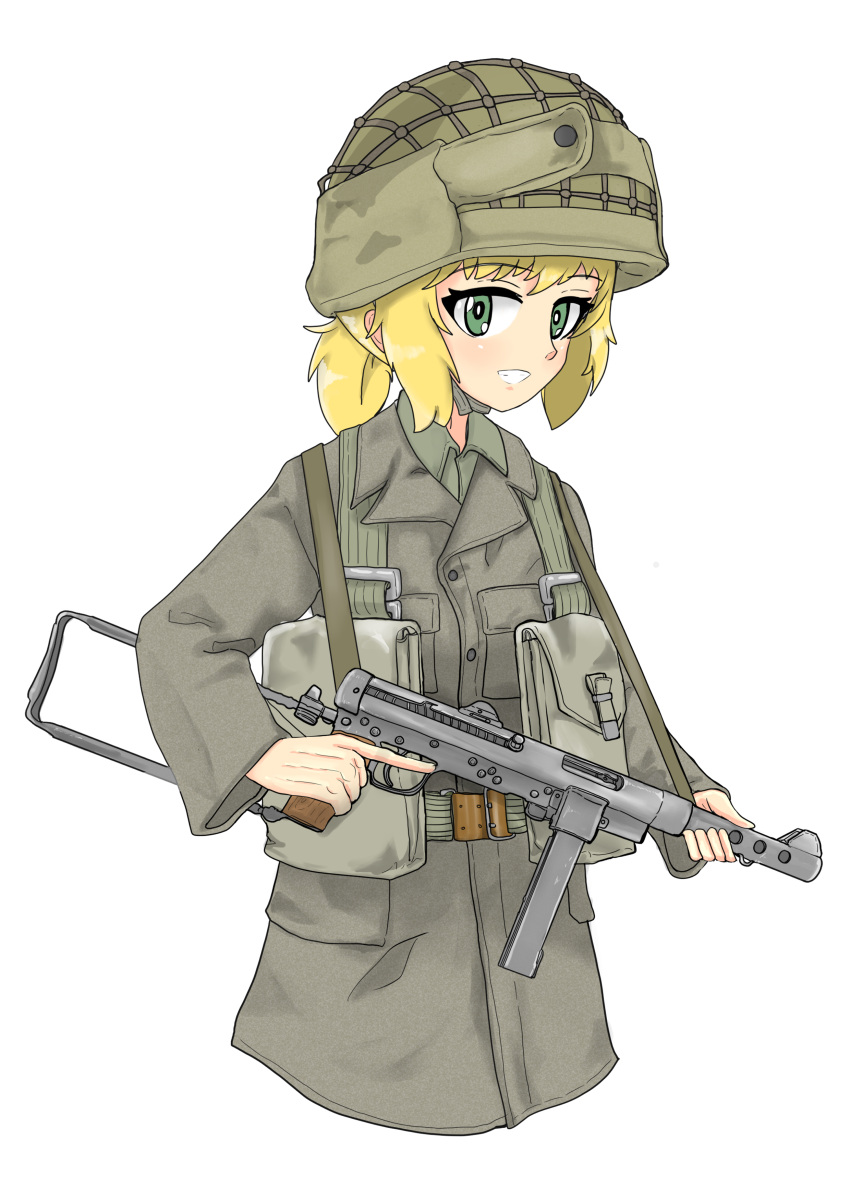 1girl :d absurdres bangs belt blonde_hair breast_pocket buttons carl_gustaf_m/45 coat collared_coat green_belt green_coat green_eyes gun harness helmet highres holding holding_weapon looking_at_viewer military military_uniform no_legs open_mouth original pocket ponytail pouch smile strap submachine_gun swedish_uniform teeth trigger_discipline uniform user_srvd8725 weapon white_background