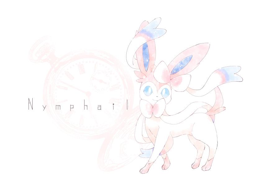 :3 absurdres animal_focus blue_sclera character_name closed_mouth colored_sclera commentary_request full_body gen_6_pokemon happy highres iogi_(iogi_k) looking_up no_humans pocket_watch pokemon pokemon_(creature) smile solo standing sylveon watch white_background white_eyes