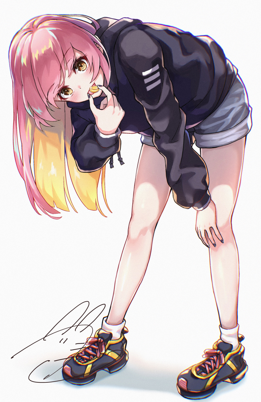 1girl absurdres bangs bent_over black_footwear black_hoodie black_nails blonde_hair brown_eyes colored_inner_hair commentary_request eyebrows_visible_through_hair food fueto_hiroki full_body grey_background grey_shorts hand_on_own_knee highres holding holding_food hood hood_down hoodie long_hair long_sleeves looking_at_viewer multicolored_hair nail_polish open_mouth original pink_hair puffy_long_sleeves puffy_sleeves shoes short_shorts shorts signature socks solo standing tongue tongue_out white_legwear