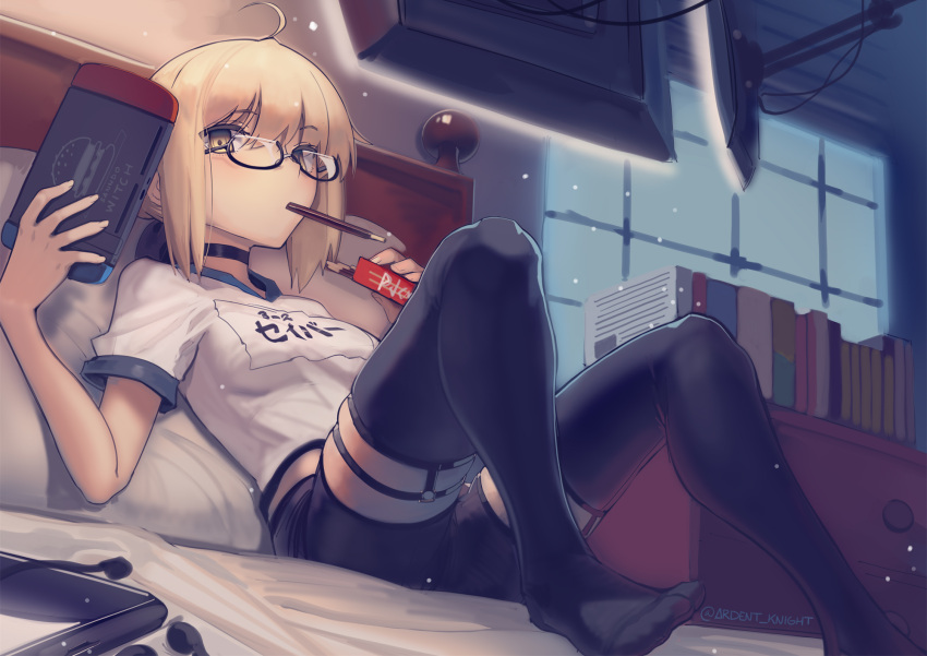 1girl ahoge artoria_pendragon_(all) blonde_hair blush boa_(brianoa) breasts choker dutch_angle earphones fate/grand_order fate_(series) food from_below headboard headset highres looking_away mysterious_heroine_x_(alter) nintendo_switch pocky semi-rimless_eyewear short_hair short_shorts shorts small_breasts solo thigh-highs twitter_username window yellow_eyes