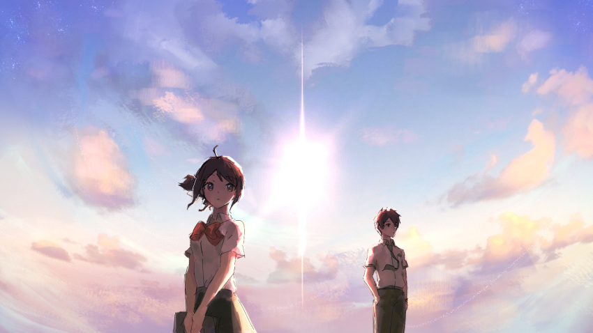 1boy 1girl ahoge backlighting bag bangs black_hair bow bowtie breasts brown_eyes brown_hair clouds collared_shirt commentary cowboy_shot hair_ribbon highres kimi_no_na_wa. medium_breasts miyamizu_mitsuha outdoors pants pleated_skirt qosic red_bow ribbon scenery school_uniform shirt short_hair short_sleeves sketch skirt sky sunlight tachibana_taki v_arms white_shirt