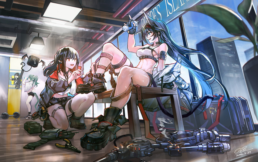 3girls absurdres animal_ears arknights bare_legs bare_shoulders black_choker black_footwear black_hair black_jacket blaze_(arknights) blue_eyes blue_hair boots bottle breasts cat_ears choker closure_(arknights) commentary_request crocodilian_tail crop_top doctor_(arknights) fallout_(series) fang fingerless_gloves gavial_(arknights) gloves green_hair guangmi hand_up highres holding holding_bottle huge_filesize indoors jacket long_hair looking_at_another medium_breasts midriff multiple_girls navel open_clothes open_jacket open_mouth plant pointy_ears red_eyes shirt sports_bra stomach tail thighs vault_boy very_long_hair white_shirt
