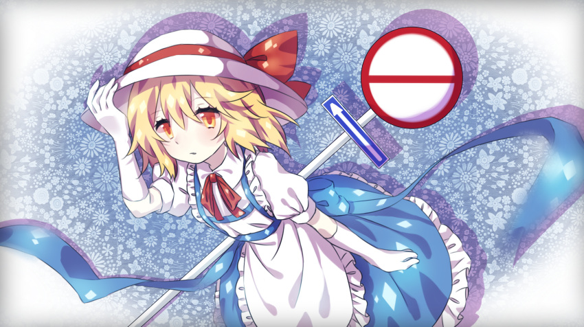 1girl apron blonde_hair blue_background blue_bow blue_dress bow dress elbow_gloves eyebrows_visible_through_hair eyelashes floral_background frilled_apron frilled_dress frills gloves guozimiao hat hat_bow highres holding holding_clothes holding_hat kana_anaberal light_blush open_mouth phantasmagoria_of_dim.dream puffy_short_sleeves puffy_sleeves red_bow red_ribbon ribbon road_sign short_hair short_sleeves sign touhou touhou_(pc-98) white_apron white_headwear yellow_eyes