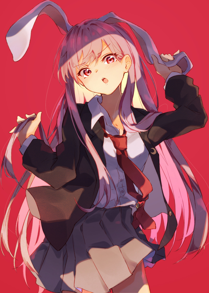 animal_ears blazer blouse blush buttons collared_blouse crescent crescent_moon_pin ears highres holding holding_hair jacket long_hair long_sleeves looking_at_viewer medium_skirt necktie open_clothes open_mouth pink_skirt pleated_skirt purple_hair rabbit_ears red_background red_eyes red_neckwear reisen_udongein_inaba simple_background skirt tamiku_(shisyamo609) touhou white_blouse