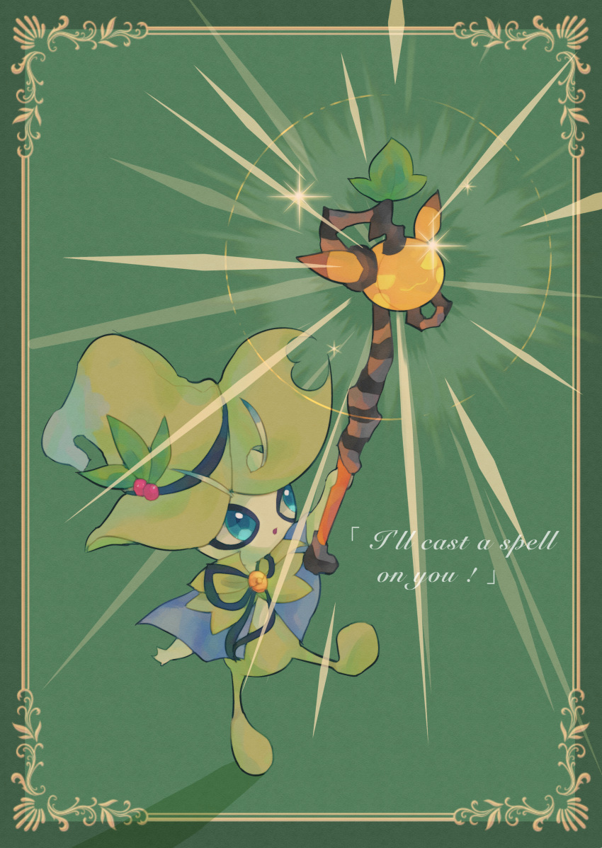 absurdres antennae arm_up blue_capelet blue_eyes border brooch capelet celebi clothed_pokemon commentary_request english_text full_body gen_1_pokemon gen_2_pokemon green_background green_border green_headwear hat highres holding holding_staff iogi_(iogi_k) jewelry leg_up legendary_pokemon looking_up mythical_pokemon open_mouth pikachu poke_ball_symbol poke_ball_theme pokemon pokemon_(creature) simple_background solo sparkle staff standing standing_on_one_leg talking witch_hat