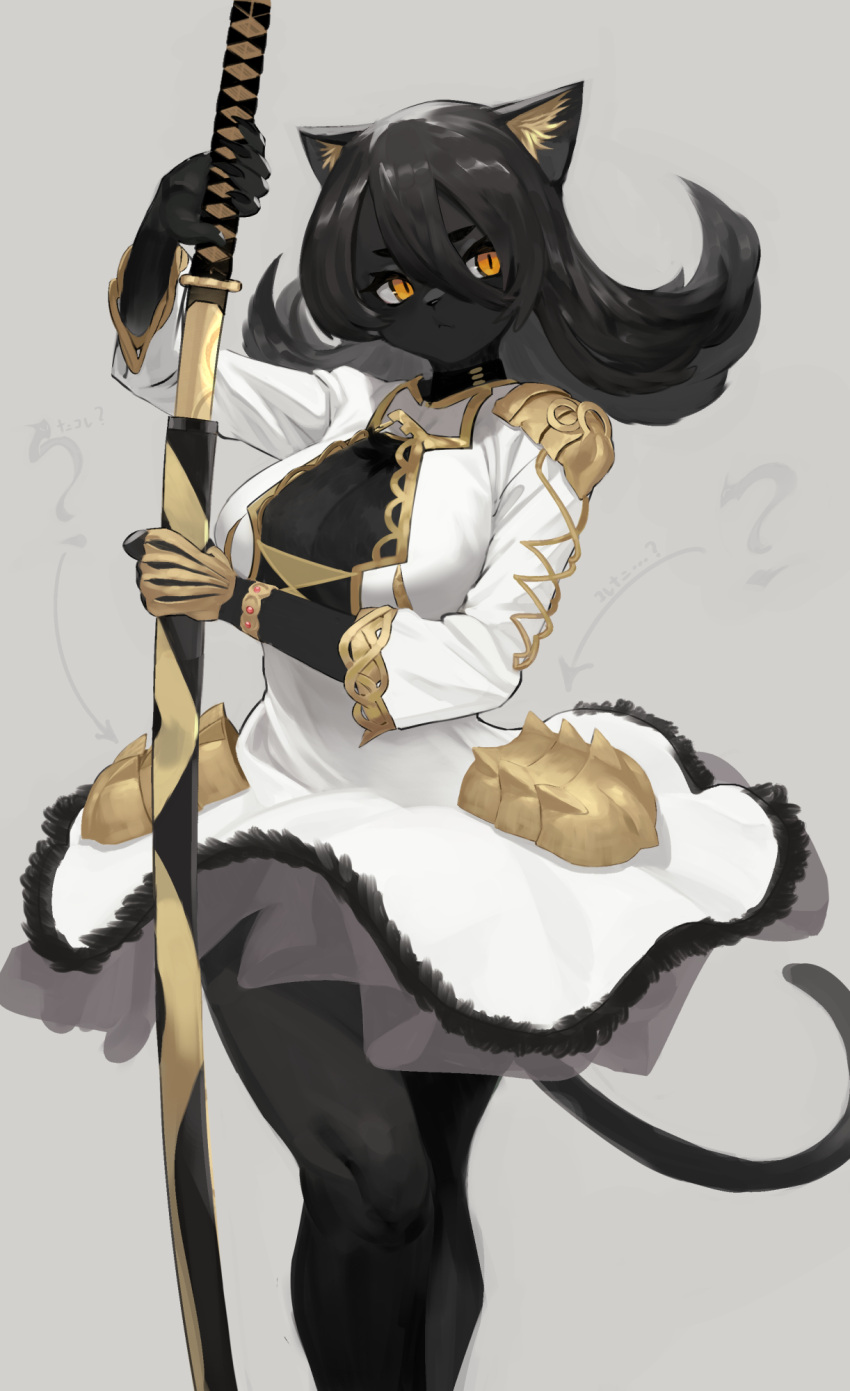1girl ababababa animal_ears animal_nose black_hair black_nails black_skin breasts cat_ears cat_girl cat_tail cleavage_cutout closed_mouth clothing_cutout colored_skin dress fingernails fur_trim furry hair_between_eyes highres holding holding_sword holding_weapon katana orange_eyes sharp_fingernails sheath slit_pupils snout solo sword tail weapon white_dress