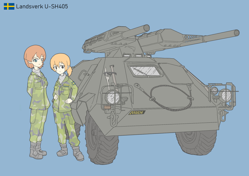 2girls absurdres armored_car armored_vehicle arms_behind_back bangs blonde_hair blue_eyes boots breast_pocket camouflage camouflage_jacket camouflage_pants cannon grey_eyes ground_vehicle hands_on_hips highres jacket license_plate looking_at_viewer military military_uniform multiple_girls original pants pocket ponytail prototype redhead short_hair simple_background swedish_flag swedish_uniform tank_destroyer u-sh405 uniform user_srvd8725 windshield wipers