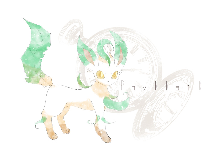 absurdres alternate_color animal_focus character_name commentary_request from_side full_body gen_4_pokemon highres iogi_(iogi_k) leafeon no_humans pocket_watch pokemon pokemon_(creature) shiny_pokemon solo standing watch white_background yellow_eyes