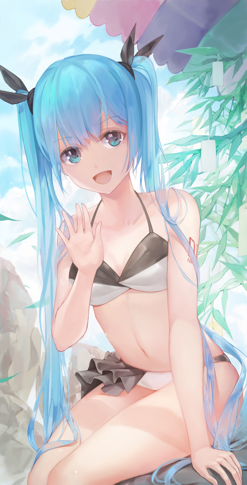 1girl absurdres aqua_eyes bamboo bikini black_bow blue_hair bow commentary cowboy_shot day frilled_bikini frills hair_bow hand_up hatsune_miku highres leaf looking_at_viewer navel open_mouth outdoors parasol r/h shoulder_tattoo sitting smile swimsuit tanzaku tattoo twintails two-tone_bikini umbrella vocaloid waving
