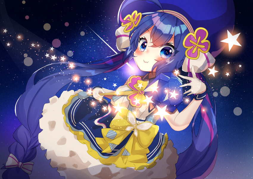 1girl absurdres asteroid_stella black_background blue_eyes blue_hair blue_headwear blue_skirt blush bow butterfly_ornament commentary frilled_skirt frills glowing highres holding holding_wand huge_filesize large_hat long_hair looking_at_viewer magical_girl otomachi_una shirt skirt sleeveless sleeveless_shirt smile solo star_(symbol) treble_clef twintails very_long_hair vocaloid wand white_shirt wristband yellow_bow