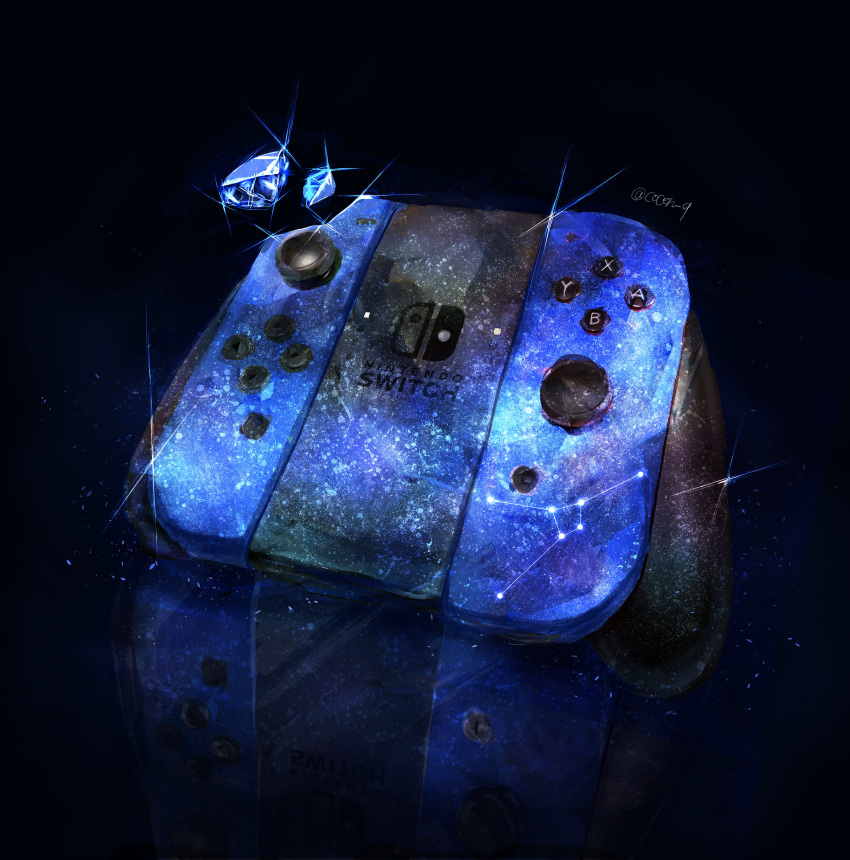 absurdres artist_name black_background blue_theme cocon_(cocon_q) commentary_request constellation controller game_controller highres huge_filesize joy-con logo milky_way nintendo_switch no_humans reflection shattering sparkle star_(sky)