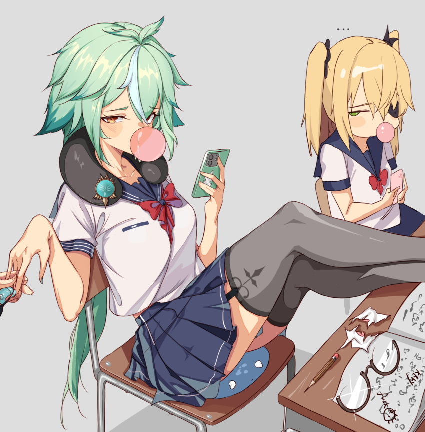 ... 2girls alternate_costume animal_ears antenna_hair blonde_hair blue_sailor_collar blue_skirt book bow bowtie breasts bubble_blowing cat_ears cellphone chair chewing_gum eyepatch eyewear_removed feet_on_table fischl_(genshin_impact) garter_straps genshin_impact glasses green_eyes green_hair grey_background grey_legwear hair_ribbon hand_up highres holding holding_phone kkry99 legs_up long_hair looking_at_viewer looking_to_the_side low_ponytail midriff_peek miniskirt multicolored_hair multiple_girls nail_polish neck_pillow orange_eyes painting_nails pantyhose pencil phone pleated_skirt red_neckwear revision ribbon sailor_collar school_uniform semi-rimless_eyewear serafuku shirt short_sleeves sitting skirt small_breasts smartphone speech_bubble streaked_hair sucrose_(genshin_impact) tears thigh-highs two_side_up very_long_hair vision_(genshin_impact) white_shirt zettai_ryouiki