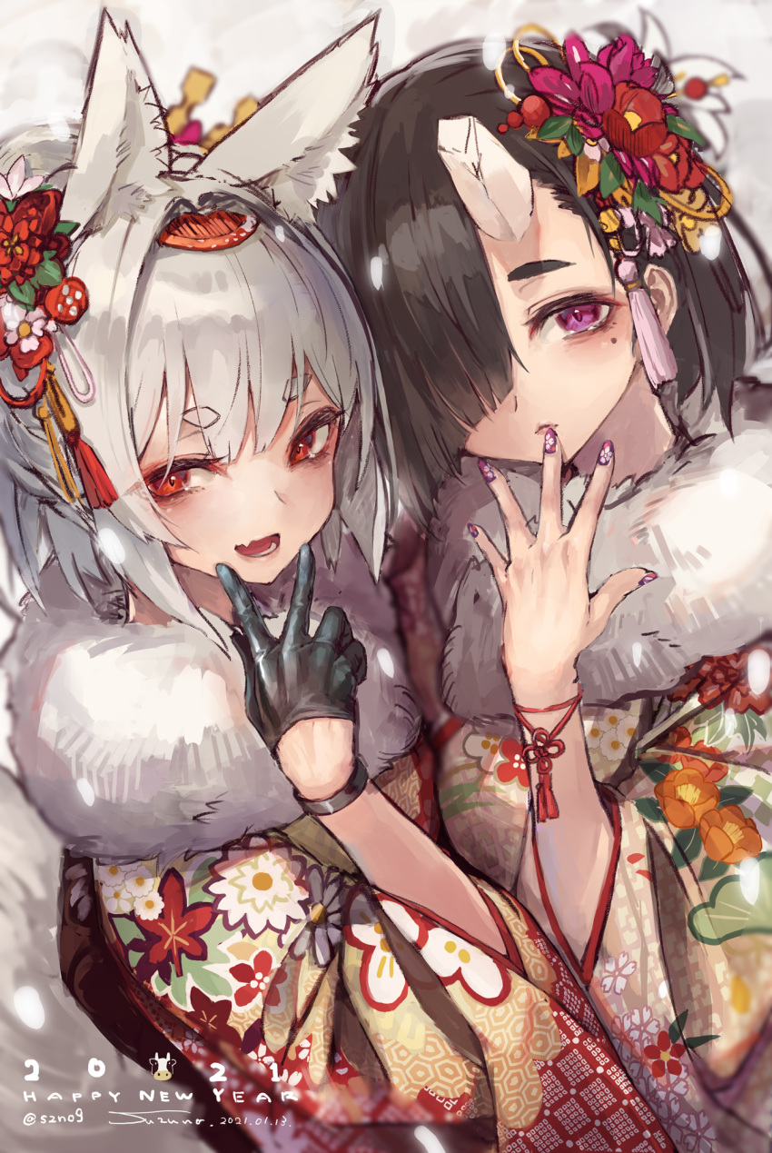 2girls :d animal_ear_fluff bangs black_gloves blurry blurry_background blush brown_hair closed_mouth dutch_angle eyebrows_visible_through_hair eyeshadow fang floral_print flower fox_girl fur_scarf gloves hair_flower hair_ornament hair_over_one_eye hand_to_own_mouth highres horns japanese_clothes kimono looking_at_viewer makeup mole mole_under_eye multiple_girls nail_polish oni oni_horns open_hand open_mouth original purple_nails red_eyes red_flower short_hair silver_hair simple_background skin_fang sleeves_past_elbows smile suzuno_(bookshelf) tassel upper_body violet_eyes white_background wide_sleeves