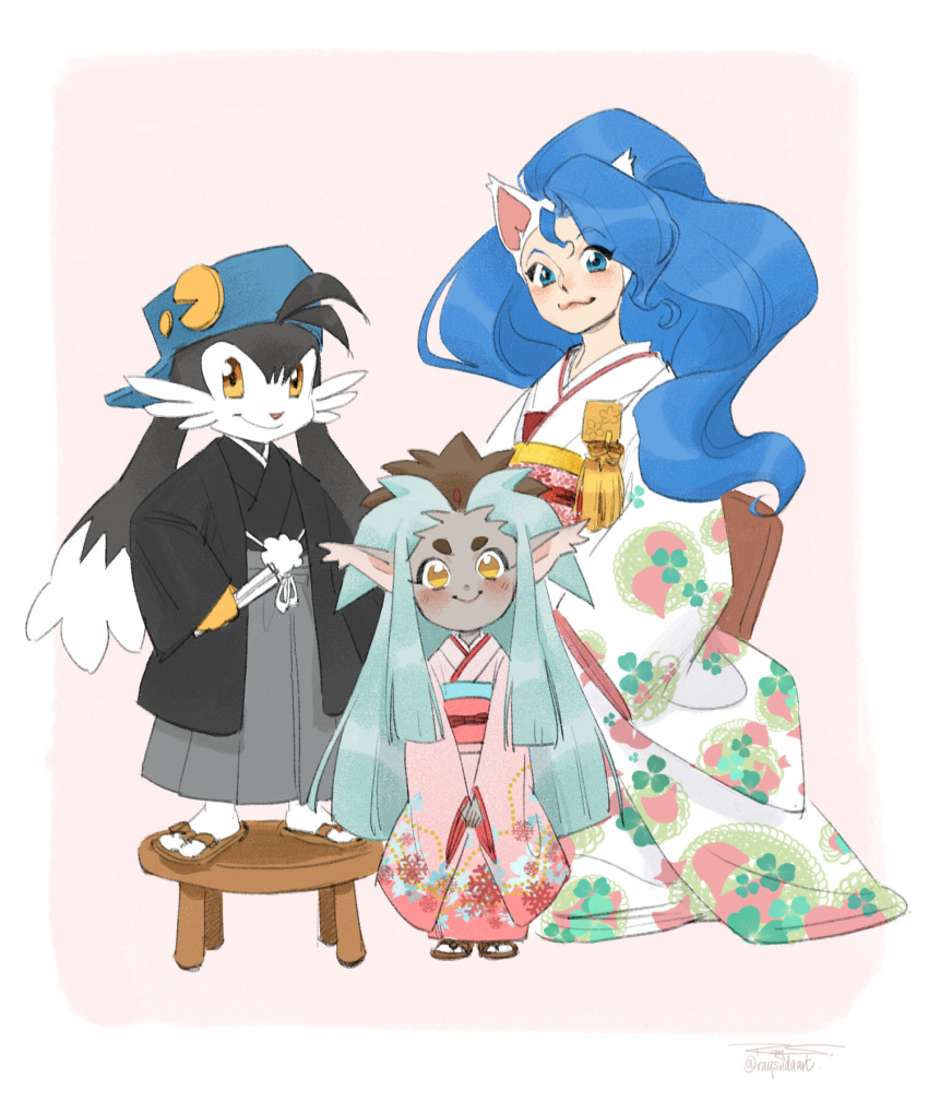 1boy 2girls bandai_namco black_fur black_kimono blue_eyes blue_hair blue_hat cabbit capcom cat_ears cat_girl chair crossover darkstalkers family felicia_(vampire) japanese_clothes kaze_no_klonoa kimono klonoa pac-man pink_kimono ryou-ouki shibeeyan smile standing stool tenchi_muyou! white_kimono yellow_eyes yellow_gloves