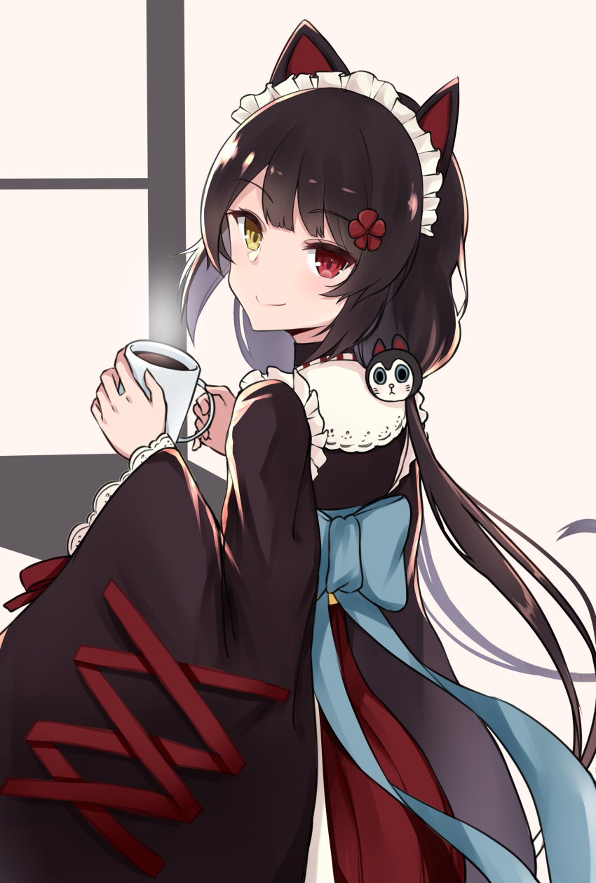 1girl absurdres animal_ears bangs black_hair black_kimono brown_eyes closed_mouth commentary_request cup dog_ears dog_hair_ornament eyebrows_visible_through_hair flower from_behind hair_flower hair_ornament hakama heterochromia highres holding holding_cup inui_toko japanese_clothes kimono kirikan long_hair long_sleeves looking_at_viewer looking_back low_twintails maid_headdress mug nijisanji obi red_eyes red_flower red_hakama sash smile solo twintails very_long_hair virtual_youtuber wide_sleeves