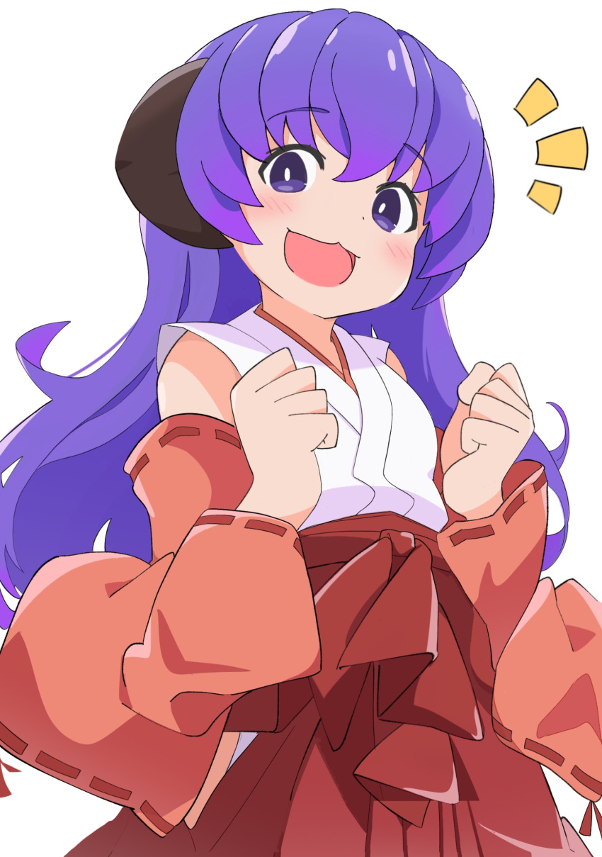 1girl :3 :d arms_up blush clenched_hands commentary detached_sleeves dot_nose excited eyebrows_visible_through_hair hakama hanyuu highres higurashi_no_naku_koro_ni japanese_clothes long_hair looking_at_viewer memoi miko open_mouth purple_hair red_hakama ribbon-trimmed_sleeves ribbon_trim shirt simple_background smile solo violet_eyes white_background white_shirt wide_sleeves
