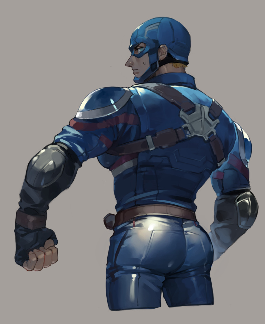 1boy armor ass ass_focus avengers back blonde_hair blue_bodysuit blue_eyes blue_pants bodysuit captain_america cropped_legs elbow_pads fingerless_gloves from_behind gloves highres looking_at_viewer looking_back male_focus marvel mask narrow_waist pants pectorals shoulder_armor simple_background solo spaulders sweatdrop tapioka_chaso toned toned_male