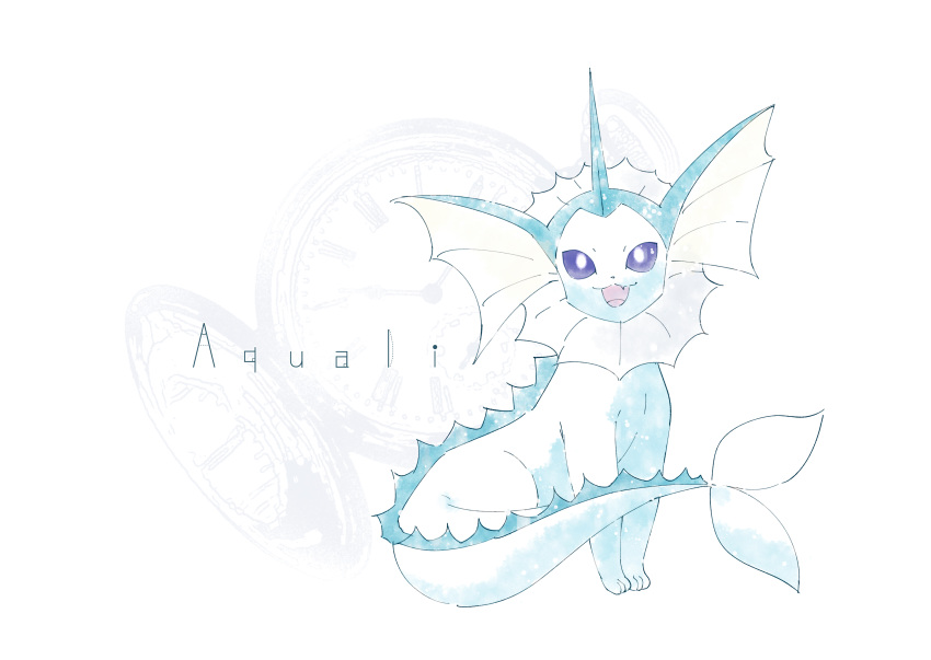 :3 absurdres animal_focus blue_sclera character_name colored_sclera commentary_request fang full_body gen_1_pokemon happy highres iogi_(iogi_k) no_humans open_mouth pocket_watch pokemon pokemon_(creature) sitting skin_fang smile solo vaporeon watch white_background white_eyes
