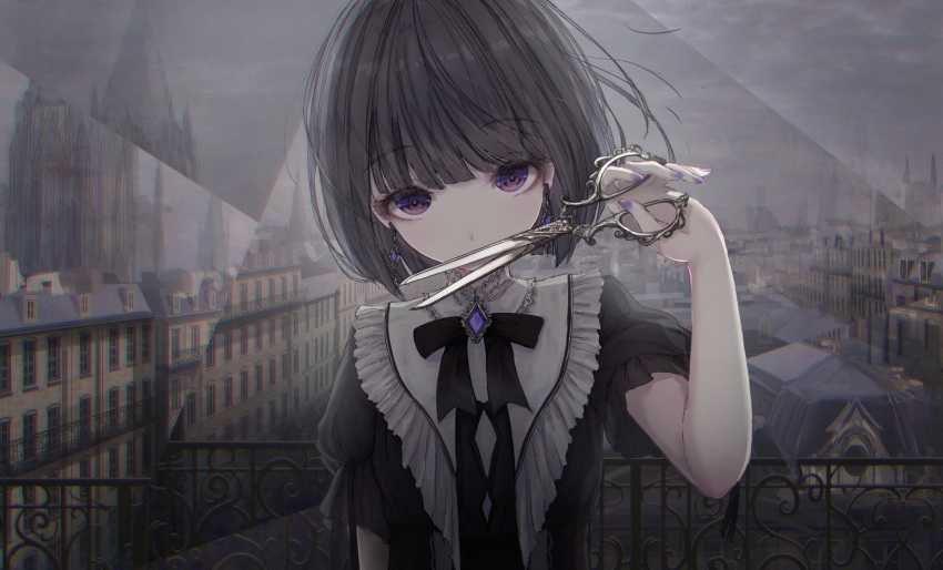 1girl bangs black_bow black_dress black_hair bow building dress earrings eyebrows_visible_through_hair hand_up highres holding jewelry missile228 original outdoors puffy_short_sleeves puffy_sleeves railing scissors short_hair short_sleeves solo violet_eyes