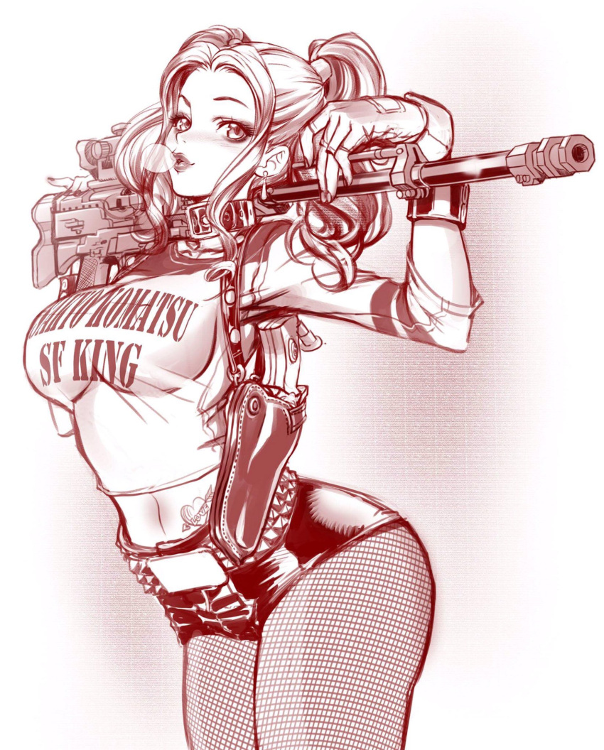 1girl breasts bubble_blowing dc_comics fingerless_gloves fishnets forehead gloves gun hair_behind_ear harley_quinn highres holding holding_gun holding_weapon holstered_weapon leaning_forward leather_shorts maeda_hiroyuki medium_breasts monochrome navel rifle short_shorts shorts sniper_rifle solo suicide_squad tattoo twintails weapon
